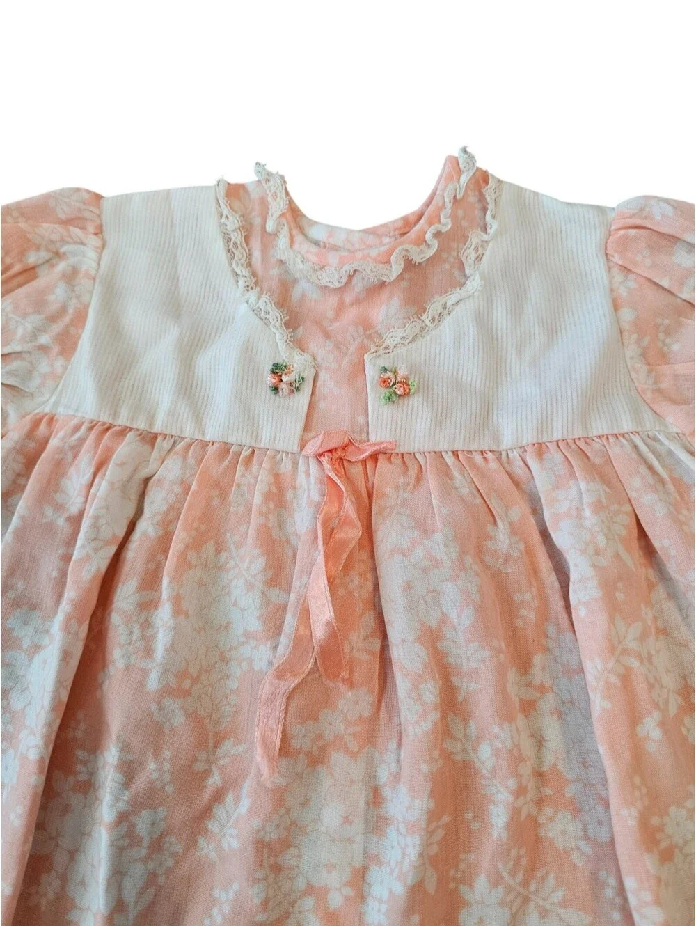 Vintage 1960s baby Girls Sz 18M Short Sleeve Floral Dress Salmon Pink White